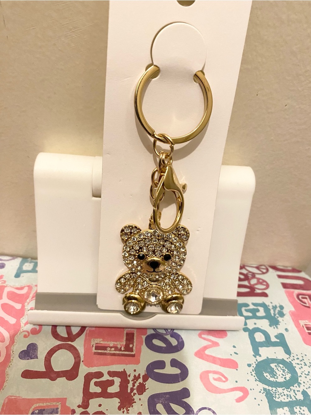 Crystal Pavé Teddy Bear Keychain Bag Charm - Gold